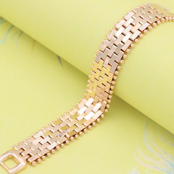 "Wide Rose Gold Bracelet with Textured Interlink & Ball Edge Design, XPBL0873 - Picture 5 of 12